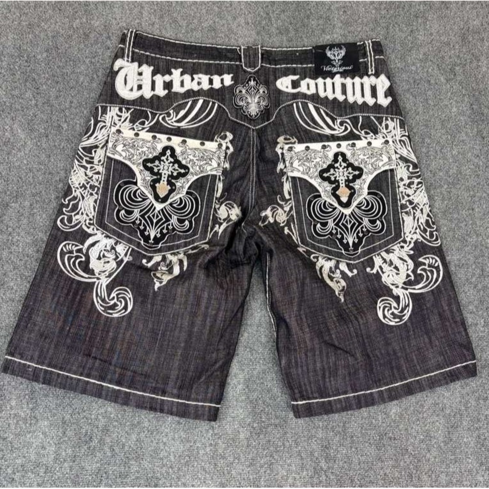 Victorious Urban Couture Rare Black Jean Shorts Mens Sz 40 Cross 90s Y2K Jorts